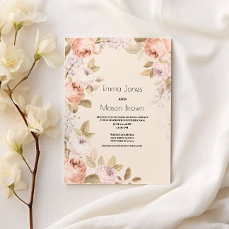 Rustic boho pink coral ivory floral theme Wedding Invitation