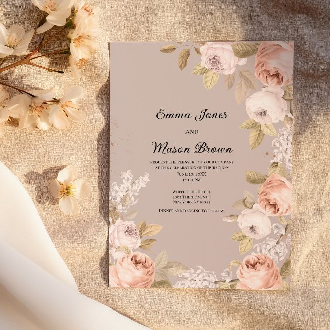 Rustic boho pink coral mauve ivory floral Wedding Invitation (Rustic boho pink coral mauve ivory floral Wedding )