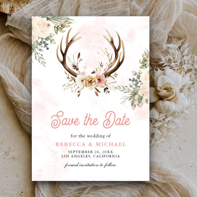 Rustic Boho Pink Floral Antler Wedding Save The Date (Creator Uploaded)