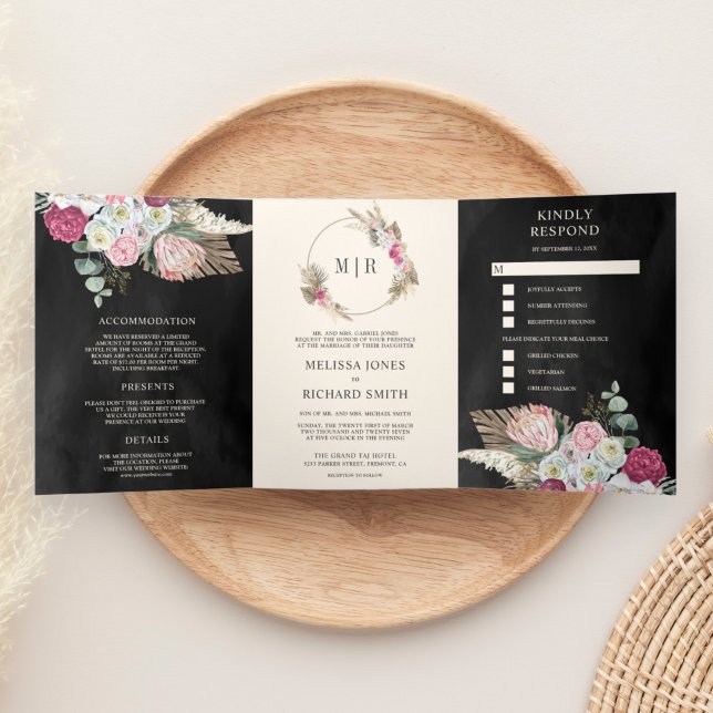 Rustic Boho Pink Floral Pampas Black Wedding Tri-Fold Invitation (Creator Uploaded)