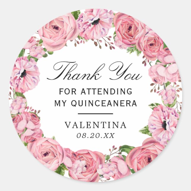 Rustic Boho Pink Floral Quinceanera Thank You Classic Round Sticker (Front)