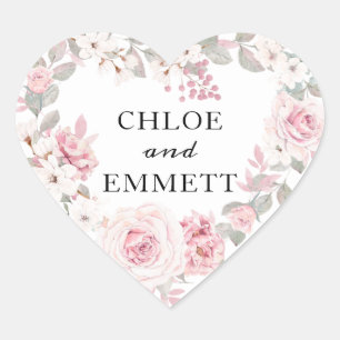 Rustic Boho Pink Floral Wedding Heart Sticker