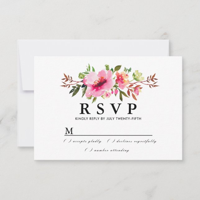 Rustic Boho Pink Floral Wedding RSVP Card (Front)