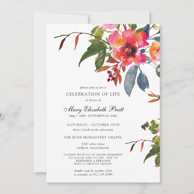 Rustic Boho Pink Flower Celebration of Life Invitation (Front)