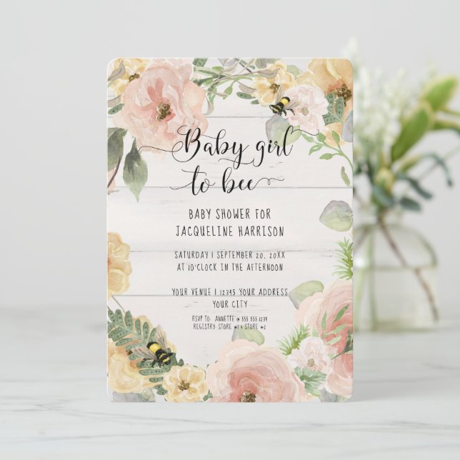 Rustic BOHO Pink Flowers Mummy to Bee Shower Invitation (Standing Front)