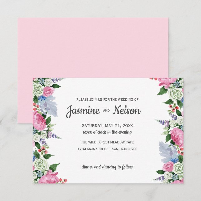 Rustic Boho Pink lilac floral border  wedding Invitation (Front/Back)