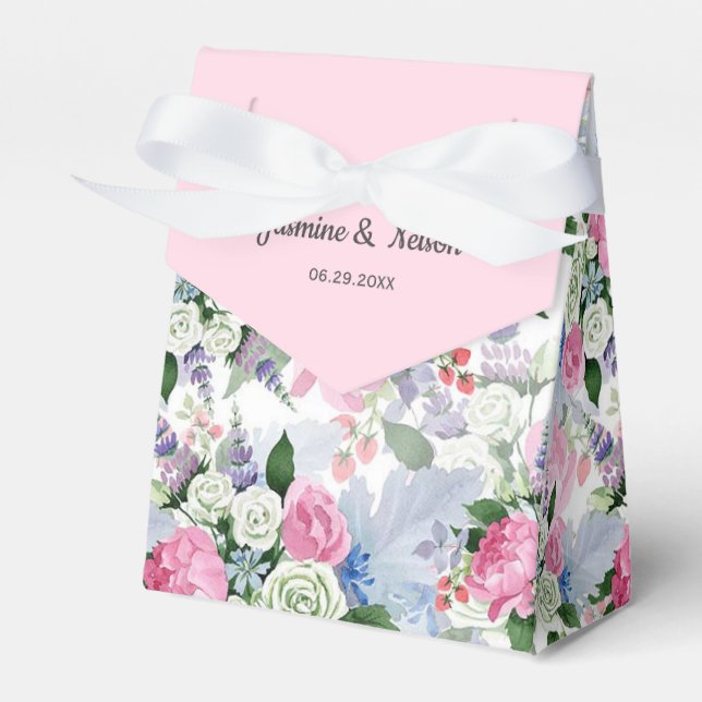 Rustic boho pink lilac watercolor flower wedding favour box (Front Side)