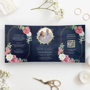 Rustic Boho Pink Roses Floral Navy QR Code Wedding Tri-Fold Invitation