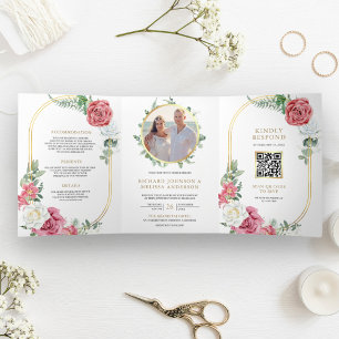 Rustic Boho Pink Roses Floral QR Code Wedding Tri-Fold Invitation