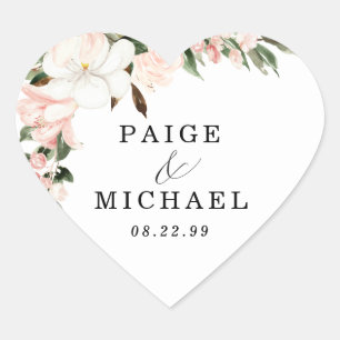 Rustic Boho Pink White Floral Wedding Heart Sticker