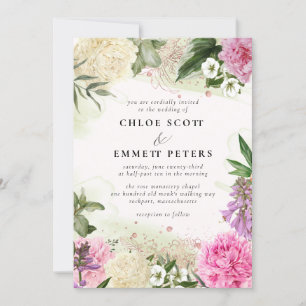 Rustic Boho Pink White Purple Floral Wedding Invitation