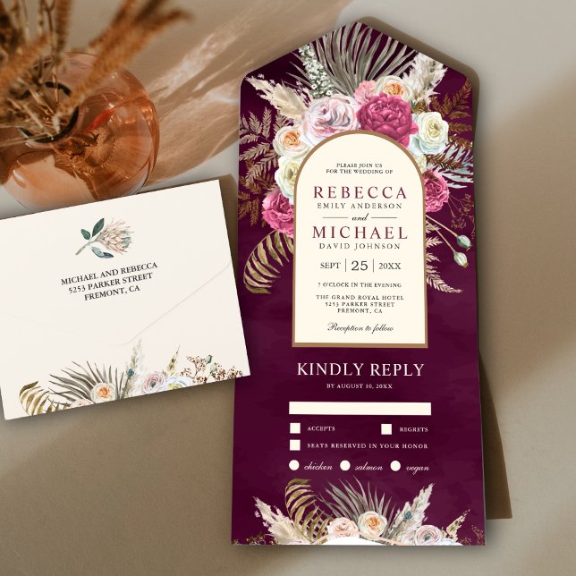 Rustic Boho Plum Floral Bouquet Arch Wedding All In One Invitation (Creator Uploaded)