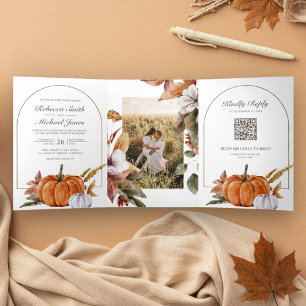 Rustic Boho Pumpkin Photo QR Code Wedding Tri-Fold Invitation