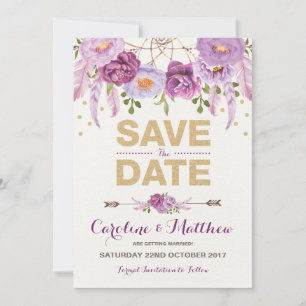 Rustic Boho Purple Gold Floral Save the Date Card