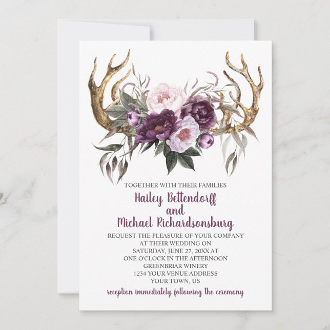 Rustic Boho Purple Plum Peonies Antlers Wedding Invitation (Front)
