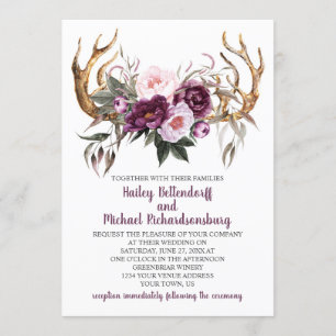 Rustic Boho Purple Plum Peonies Antlers Wedding Invitation