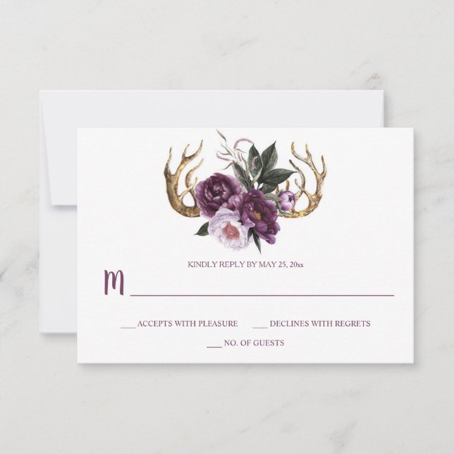 Rustic Boho Purple Plum Pink Peonies Antlers RSVP Card (Front)