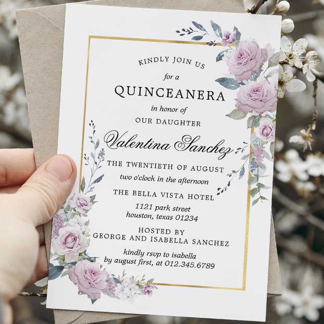 Rustic Boho Purple Rose Floral Quinceanera Invitation (Creator Uploaded)
