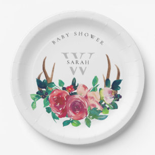 Rustic Boho Red Floral Stag Antlers Baby Shower Paper Plate
