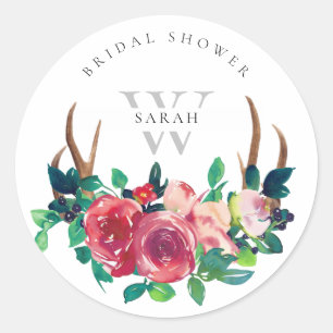 Rustic Boho Red Floral Stag Antlers Bridal Shower Classic Round Sticker