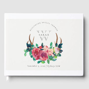 Rustic Boho Red Floral Stag Antlers Bridal Shower Guest Book
