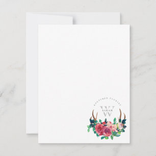 Rustic Boho Red Floral Stag Antlers Monogram  Card