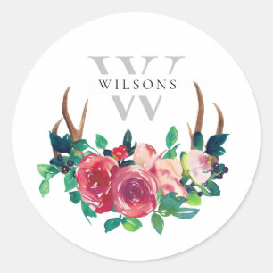 Rustic Boho Red Floral Stag Antlers Monogram Classic Round Sticker