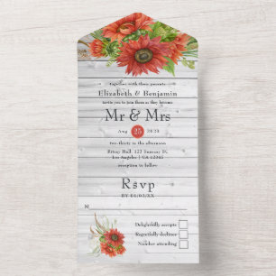 Rustic Boho Red Sunflowers Country Barn Wedding All In One Invitation