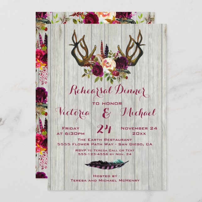 Rustic Boho Rehearsal Dinner with floral Antlers Invitation (Front/Back)
