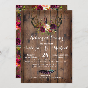 Rustic Boho Rehearsal Dinner with floral Antlers Invitation