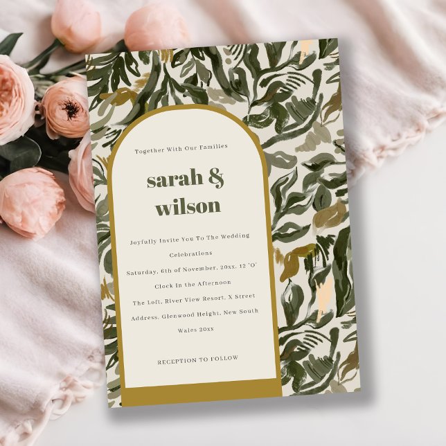 Rustic Boho Retro Arch Green Botanical Wedding Invitation (Creator Uploaded)