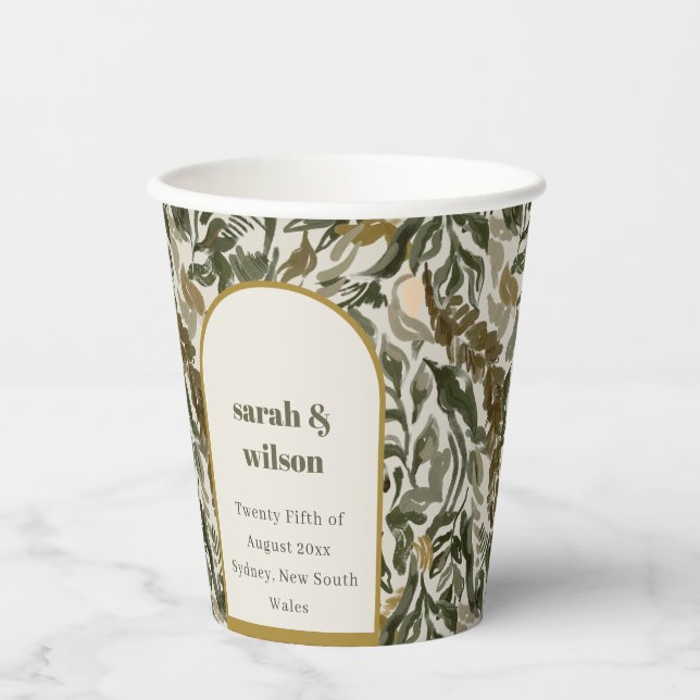 Rustic Boho Retro Arch Green Botanical Wedding Paper Cups (Front)