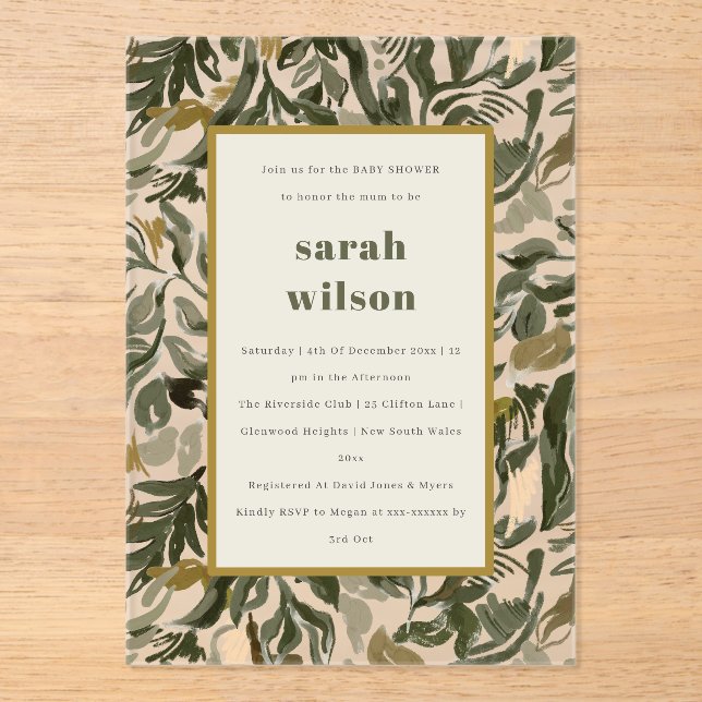 Rustic Boho Retro Green Botanical Baby Shower Acrylic Invitations (Front)