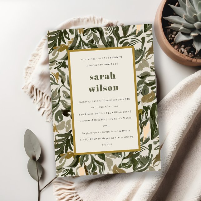 Rustic Boho Retro Green Botanical Baby Shower Invitation (Creator Uploaded)
