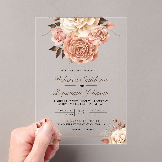 Rustic Boho Rose Gold Ivory Floral Wedding Acrylic Invitations (Insitu (Handheld))