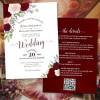 Rustic Boho Roses Burgundy Blush QR Code Wedding