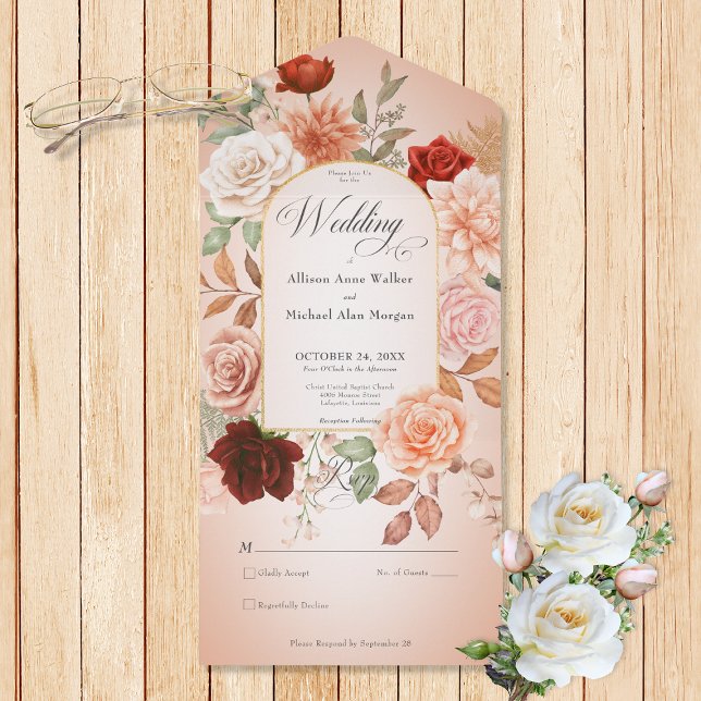 Rustic Boho Rust Peach Floral Arch Blush No Dinner All In One Invitation (Also available with a QR code or with dinner selection options.)