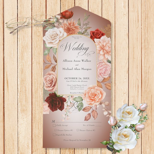 Rustic Boho Rust & Peach Floral Arch Rust Dinner All In One Invitation (Also available with a QR code or without dinner selection options.)