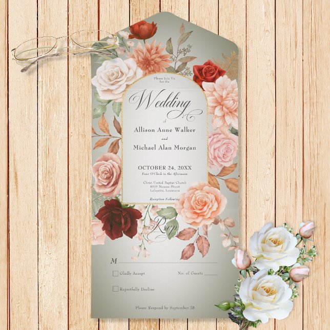 Rustic Boho Rust Peach Floral Arch Sage No Dinner All In One Invitation (Also available with a QR code or with dinner selection options.)