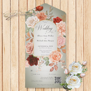 Rustic Boho Rust & Peach Floral Arch Sage QR Code All In One Invitation