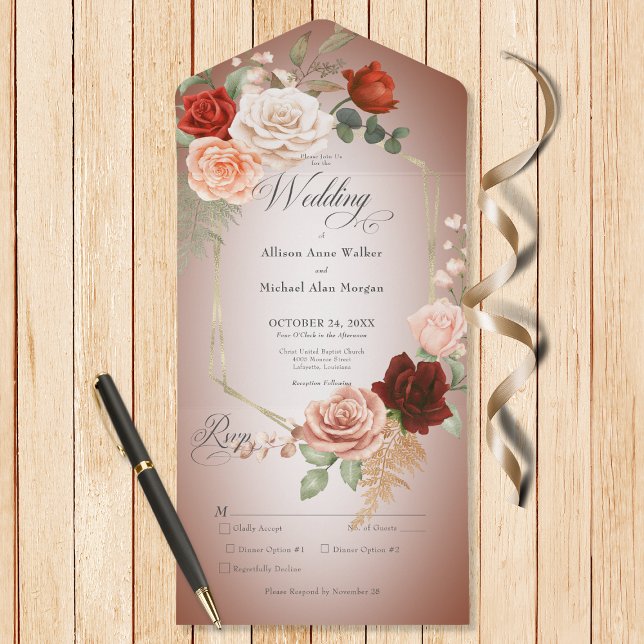 Rustic Boho Rust & Peach Floral Frame Rust Dinner All In One Invitation (Also available with a QR code or without dinner selection options.)