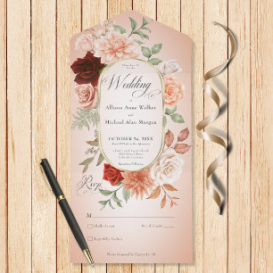 Rustic Boho Rust Peach Floral Oval Blush No Dinner All In One Invitation