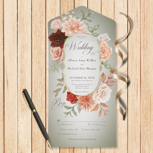 Rustic Boho Rust & Peach Floral Oval Sage Dinner All In One Invitation