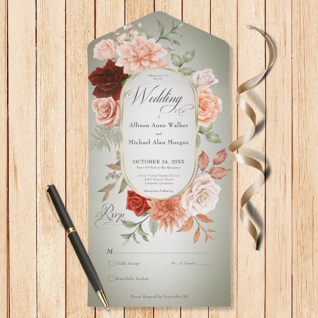 Rustic Boho Rust Peach Floral Oval Sage No Dinner All In One Invitation (Also available with a QR code or with dinner selection options.)