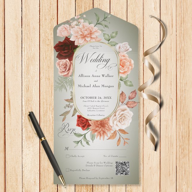 Rustic Boho Rust & Peach Floral Oval Sage QR Code All In One Invitation (Also available without a QR code; with or without dinner selection options.)