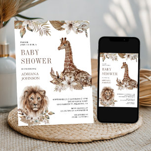 Rustic Boho Safari Lion and Giraffe Baby Shower Invitation