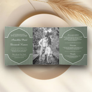 Rustic Boho Sage Green Ethnic Indian Arch Wedding Tri-Fold Invitation