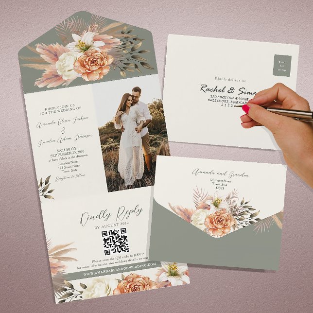 Rustic Boho Sage Green Floral Wedding All In One Invitation (Creator Uploaded)