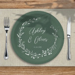 Rustic Boho Sage Green Wildflower Floral Wedding Paper Plate<br><div class="desc">This elegant wedding paper plate features a beautiful deep sage green background with hand-drawn wildflower wreath and elegant typography in white. It's a perfect design for a rustic yet elegant wedding and coordinates with our Rustic Wildflowers collection... See the collection for more items!</div>