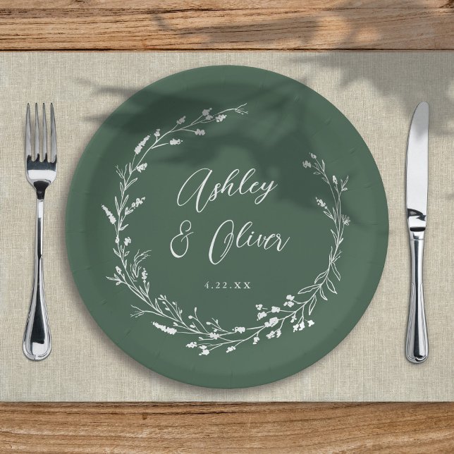 Rustic Boho Sage Green Wildflower Floral Wedding Paper Plate (Creator Uploaded)